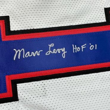 Framed Autographed/Signed Coach Marv Levy 35x39 HOF 01 Buffalo White Football Jersey Beckett BAS COA (ONLINE ORDER ONLY)