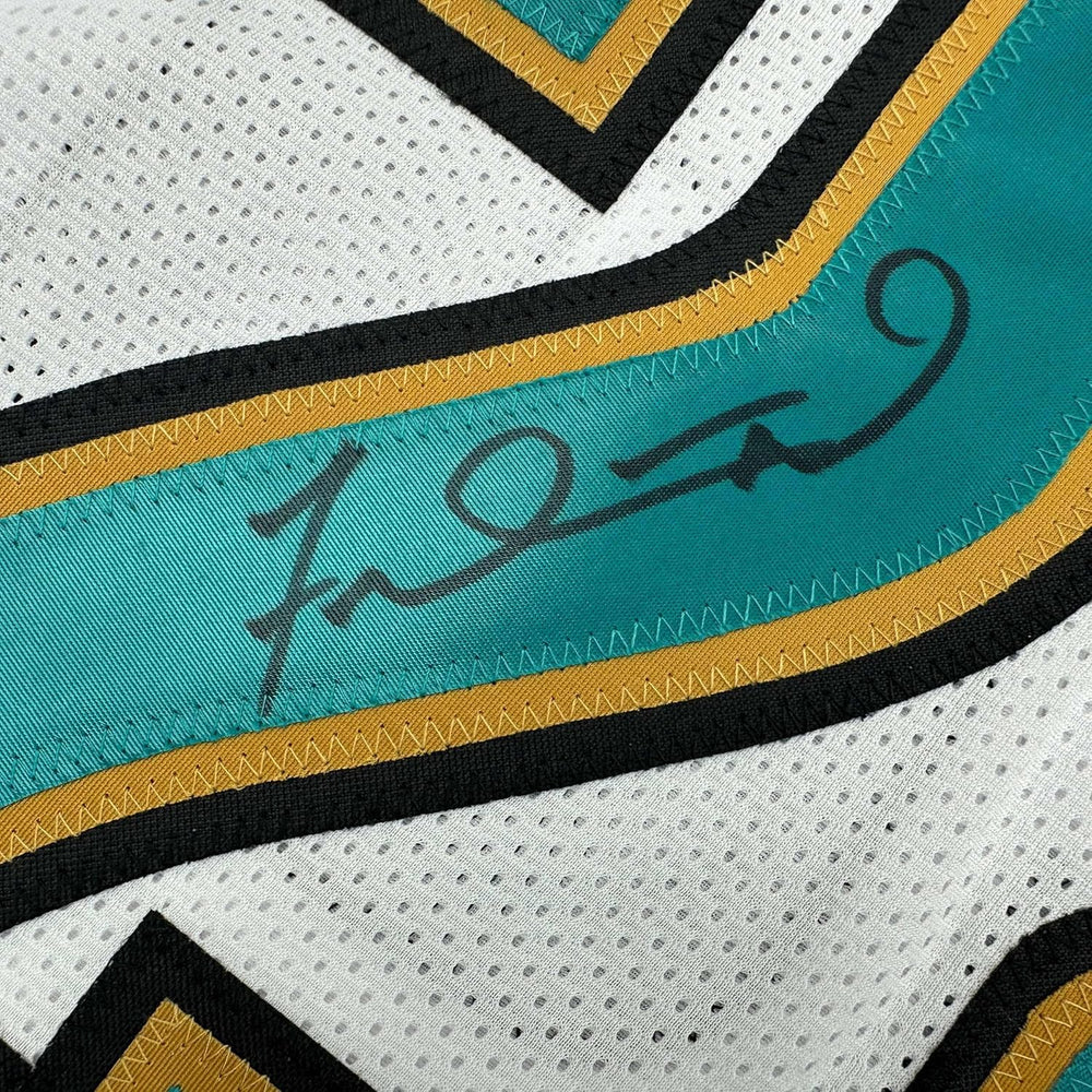 Framed Autographed/Signed Fred Taylor 35x39 Jacksonville White Football Jersey JSA COA