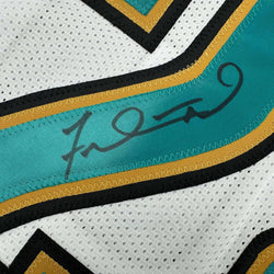 Framed Autographed/Signed Fred Taylor 35x39 Jacksonville White Football Jersey JSA COA
