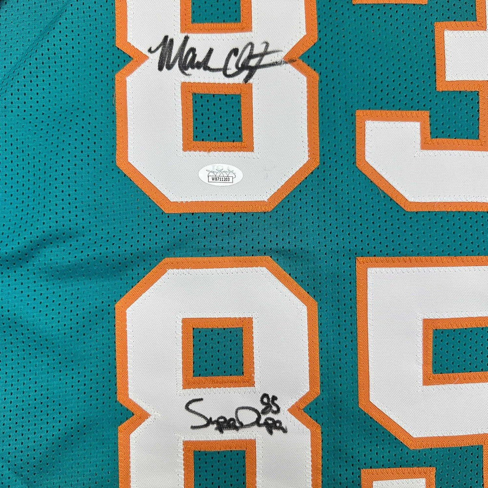 Framed Autographed/Signed Marks Brothers Mark Clayton & Mark Duper 35x39 Miami Teal Football Jersey JSA COA