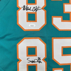 Framed Autographed/Signed Marks Brothers Mark Clayton & Mark Duper 35x39 Miami Teal Football Jersey JSA COA