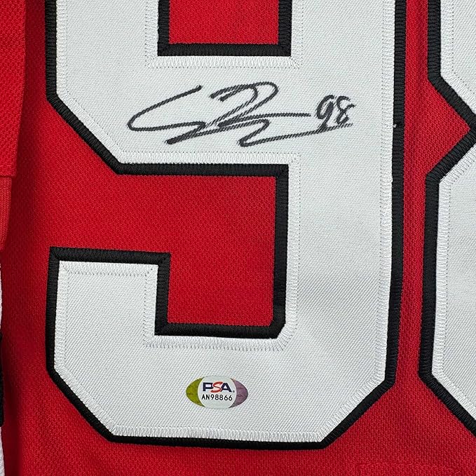 Framed Autographed/Signed Connor Bedard 35x39 Chicago Blackhawks Red Hockey Jersey PSA COA