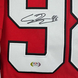 Framed Autographed/Signed Connor Bedard 35x39 Chicago Blackhawks Red Hockey Jersey PSA COA