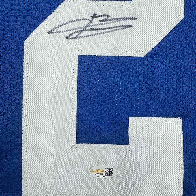 Framed Autographed/Signed Brandon Jacobs 35x39 New York Blue Football Jersey Beckett BAS COA