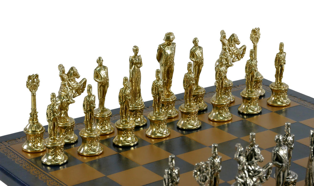 Chess Set- Napoleon Character Metal Men on Gold/Blue Leather Chess Board (ONLINE ORDER ONLY)