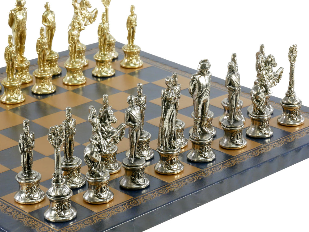 Chess Set- Napoleon Character Metal Men on Gold/Blue Leather Chess Board (ONLINE ORDER ONLY)