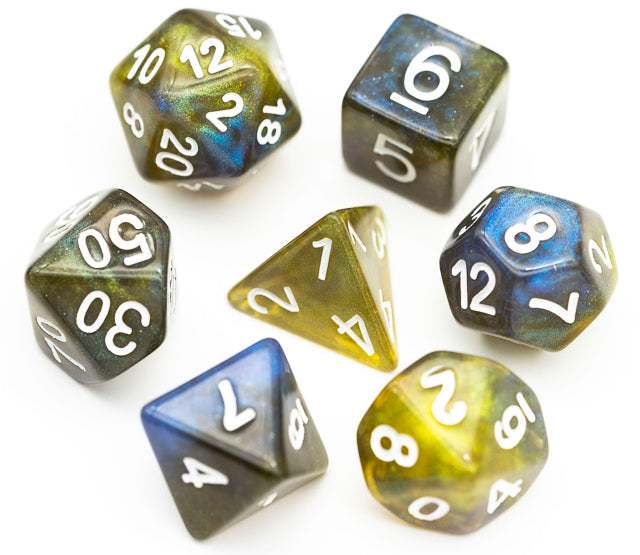 Yellow & Blue w/white Galaxy Glitter 7-Dice Set RPG (Online Only)