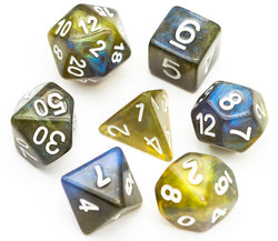 Yellow & Blue w/white Galaxy Glitter 7-Dice Set RPG (Online Only)