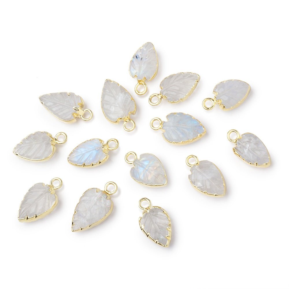 9.5-10.5mm Gold Leafed Rainbow Moonstone Carved Leaf Focal 1 piece (ONLINE ORDER ONLY)