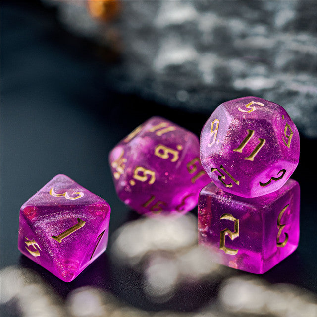 Violet Glitter Party Glitter Dice (Gold font) 7-Dice Set RPG DND (Online Only)