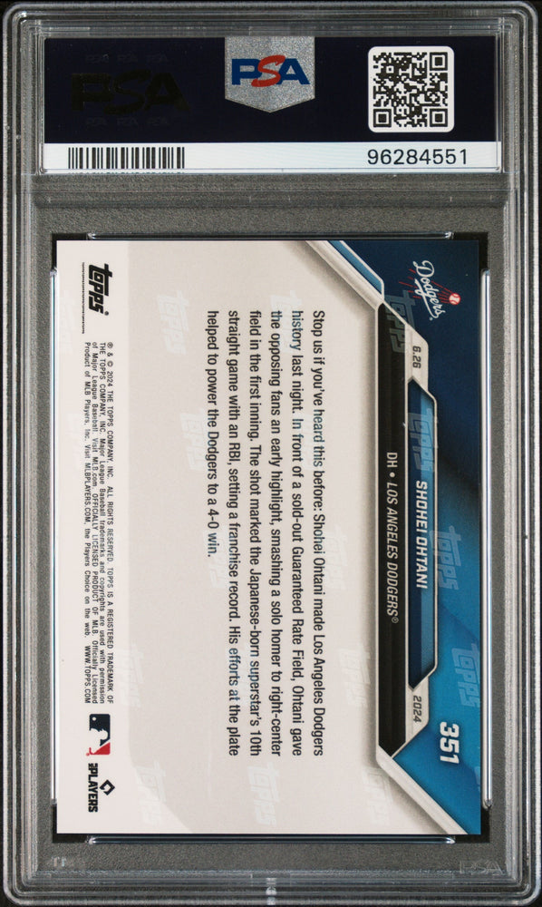 Graded 2024 Topps Now Shohei Ohtani #351 Sets Club Record For Most Consecutive Games with an RBI Baseball Card PSA 10 Gem Mint (ONLINE ORDER ONLY)