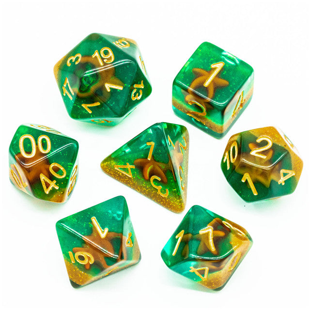 Green and Gold Starfish Dice 7-Dice Set Resin Dungeons and Dragons Dice (Online Only)