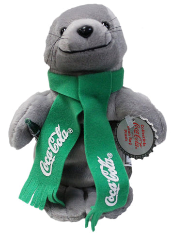 1998 Coke Cola Bean Bag Plush Style #0123 Coca-Cola Seal in Green Scarf