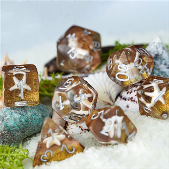 White Starfish Dice on Gold 7-Dice Set Resin Dungeons and Dragons Dice (Online Only)