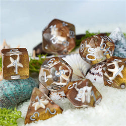 White Starfish Dice on Gold 7-Dice Set Resin Dungeons and Dragons Dice (Online Only)