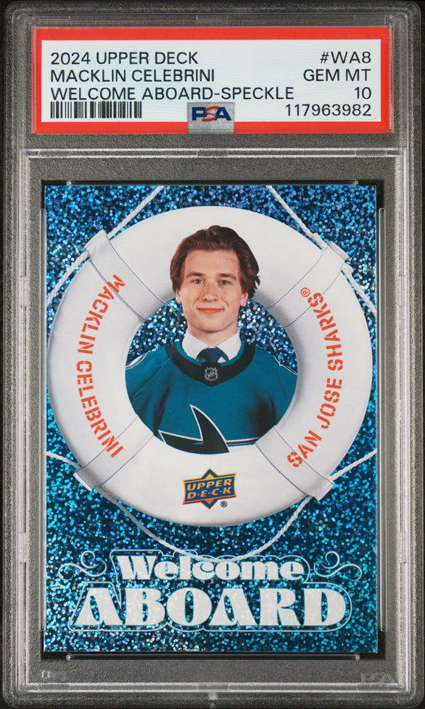 Graded 2024 Upper Deck Macklin Celebrini #WA8 Welcome Aboard Speckle Rookie RC Hockey Card PSA 10 Gem Mint (ONLINE ORDER ONLY)