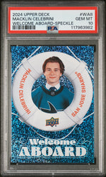 Graded 2024 Upper Deck Macklin Celebrini #WA8 Welcome Aboard Speckle Rookie RC Hockey Card PSA 10 Gem Mint (ONLINE ORDER ONLY)