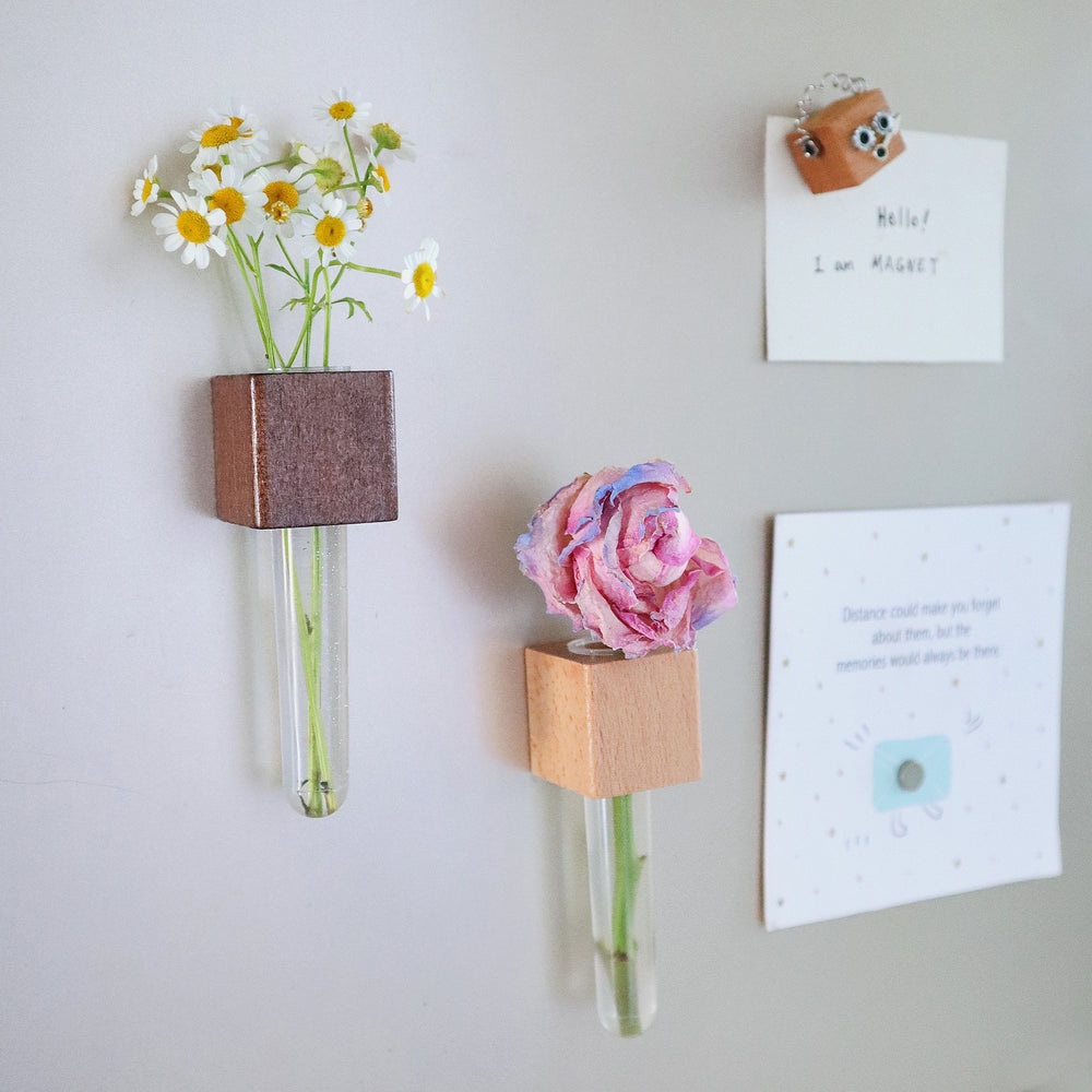 Mini Vase Magnets – Set of 2 – Beech & Walnut Wood – Decorative Fridge Magnets for Small Flowers or Greenery (ONLINE ORDER ONLY)
