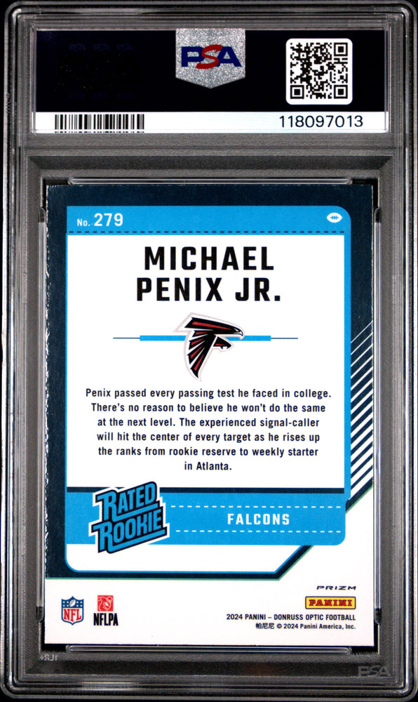 Graded 2024 Panini Donruss Optic Michael Penix Jr #279 Purple Shock Rookie RC Football Card PSA 10 Gem Mint (ONLINE ORDER ONLY)