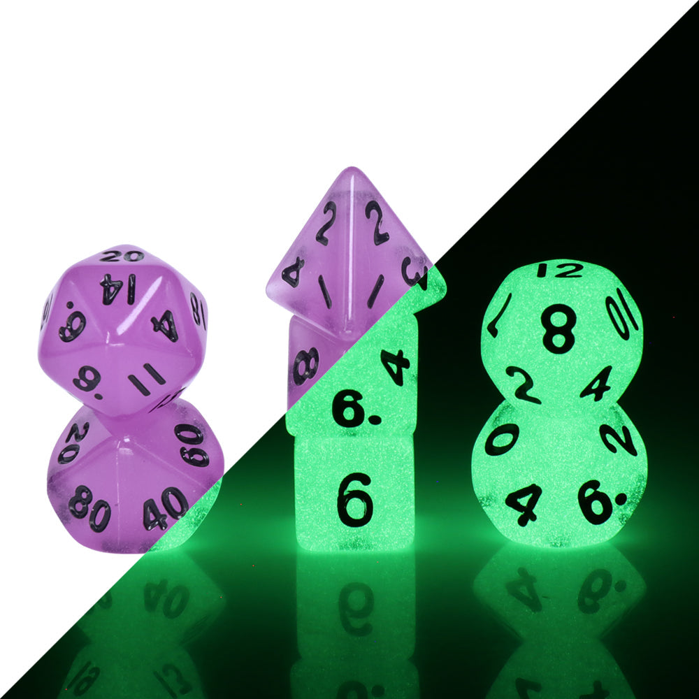 Purple Glow 7-Dice Mini-Dice RPG Set w/Black Numbers Miniature Dice (Online Only)