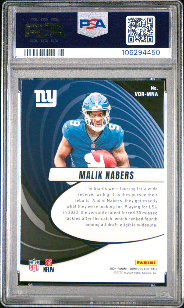 Graded 2024 Panini Donruss Malik Nabers #VORMNA Vortex Rookie RC Football Card PSA 10 Gem Mint (ONLINE ORDER ONLY)