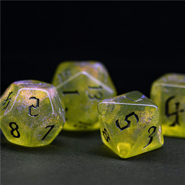 Yellow Glitter Party Glitter Dice (Silver font) 7-Dice Set RPG DND (Online Only)