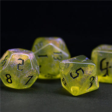 Yellow Glitter Party Glitter Dice (Silver font) 7-Dice Set RPG DND (Online Only)