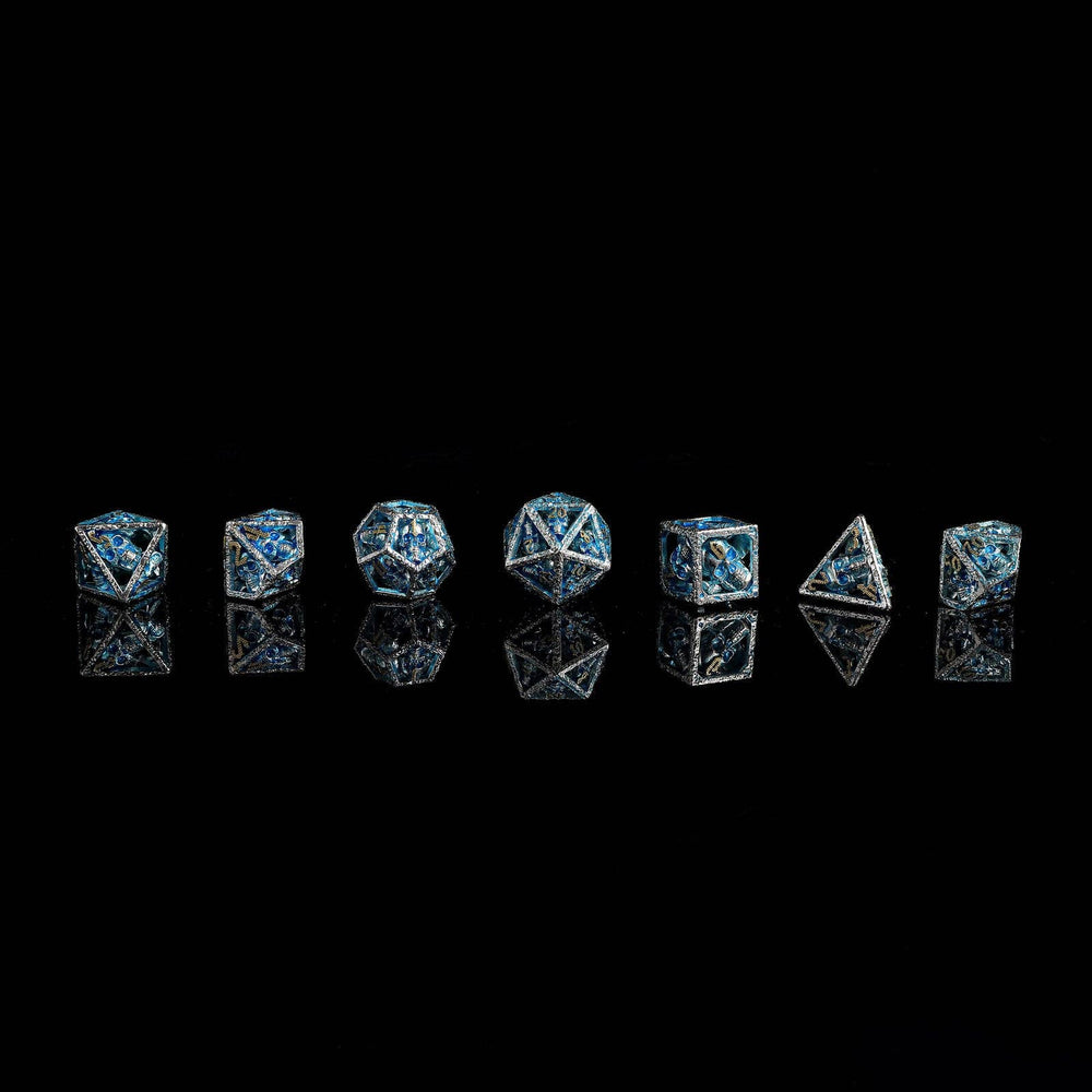 Skull's Grin Hollow Metal Dice Set - Glow in the Dark Blue (ONLINE ORDER ONLY)