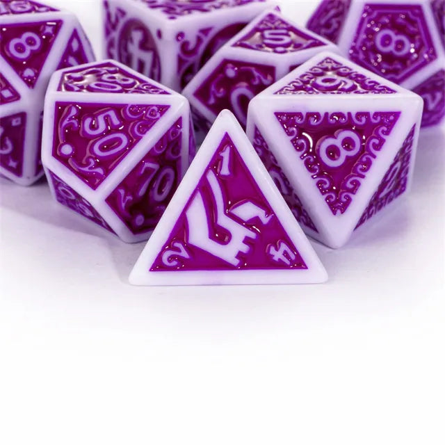 White with Purple rregular Pattern Fill: 7-Piece Acrylic Dice Set (Online Only)
