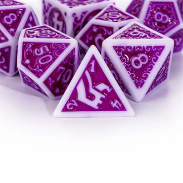 White with Purple rregular Pattern Fill: 7-Piece Acrylic Dice Set (Online Only)