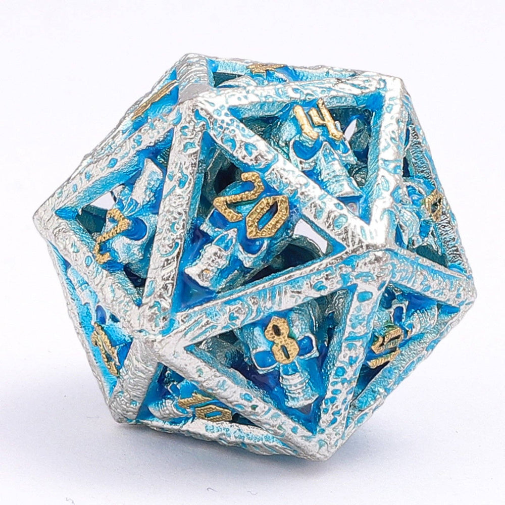 Skull's Grin Hollow Metal Dice Set - Glow in the Dark Blue (ONLINE ORDER ONLY)