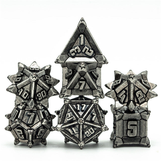 Vintage Silver Pinwheel Strengthened Metal 7-Dice Set | Metal DND Dice (Online Only)