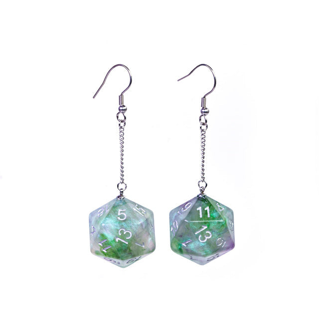 Glitter Green Dice Earrings: D20 Dice Spinning Colors Nerdy RPG Jewelry (Online Only)