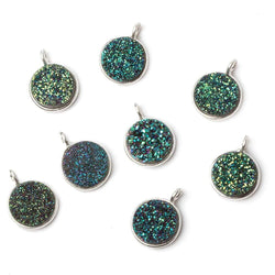 9mm Silver .925 Bezel Mermaid Green Drusy Coin Pendant 1 piece with side facing ring (ONLINE ORDER ONLY)