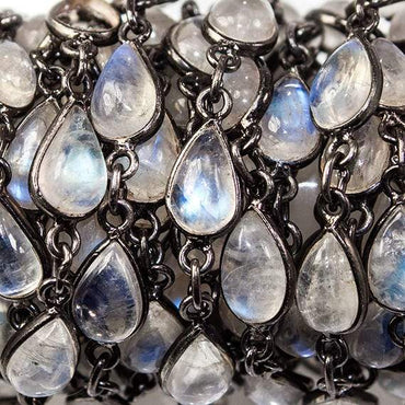 9x6mm Rainbow Moonstone Black Gold Bezel Chain by the foot (ONLINE ORDER ONLY)