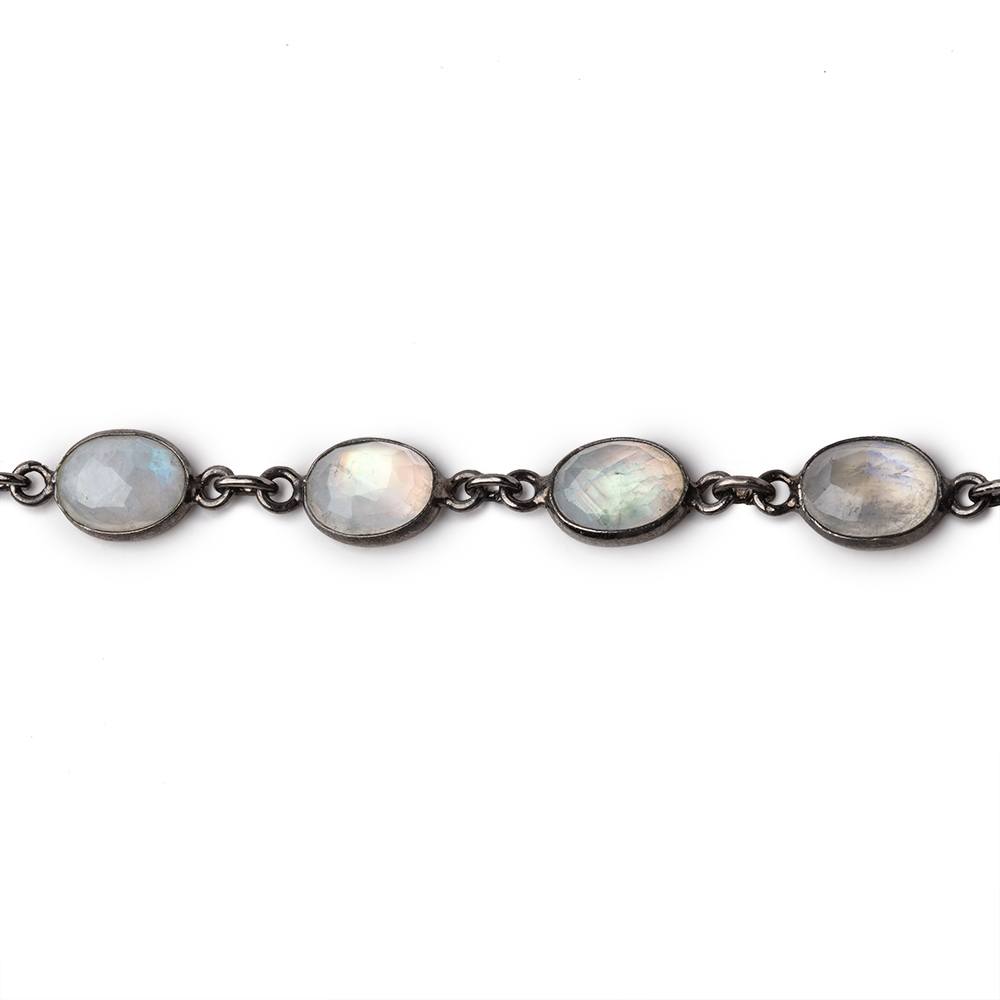 9x7mm Rainbow Moonstone Faceted Oval Cabochon Black Gold .925 Bezeled Chain (ONLINE ORDER ONLY)