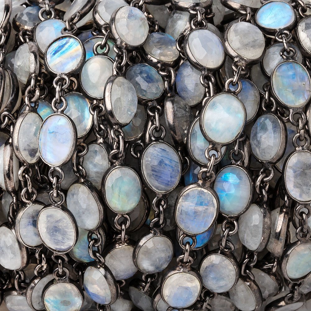 9x7mm Rainbow Moonstone Faceted Oval Cabochon Black Gold .925 Bezeled Chain (ONLINE ORDER ONLY)