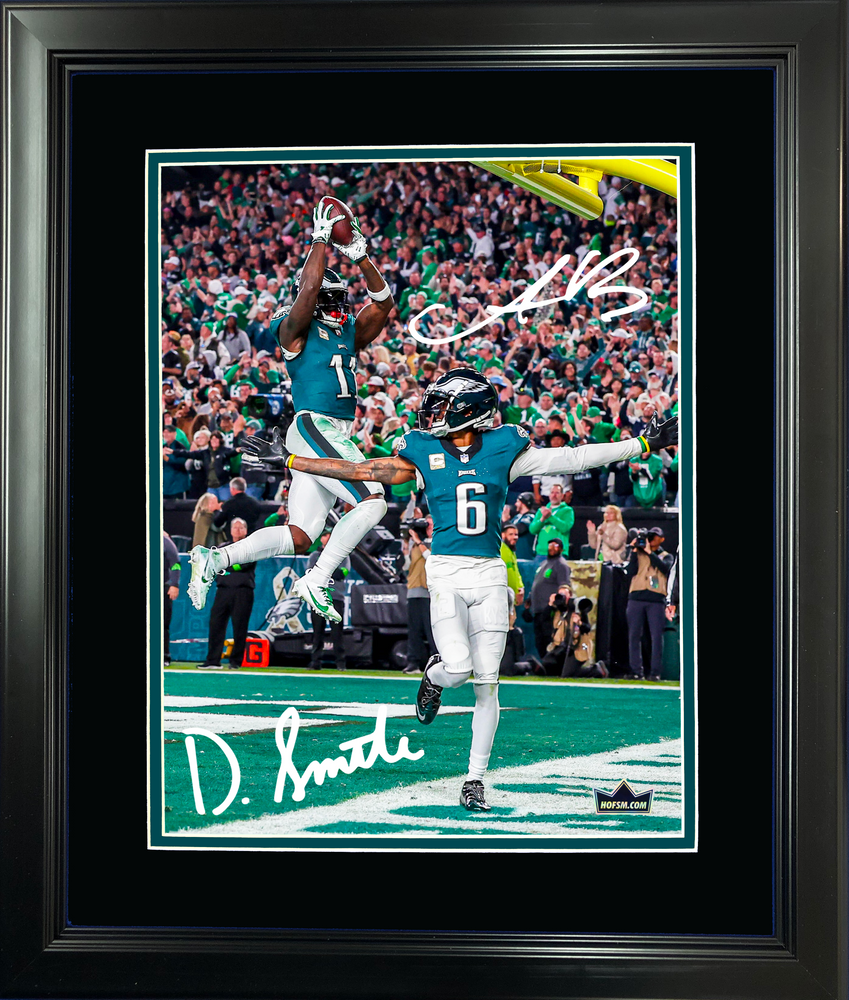 Framed A.J. Brown & Devonta Smith Philadelphia Eagles Dual Facsimile Laser Engraved Signature Auto 11"x14"Football Photo HOFSM Holo (ONLINE ORDER ONLY)