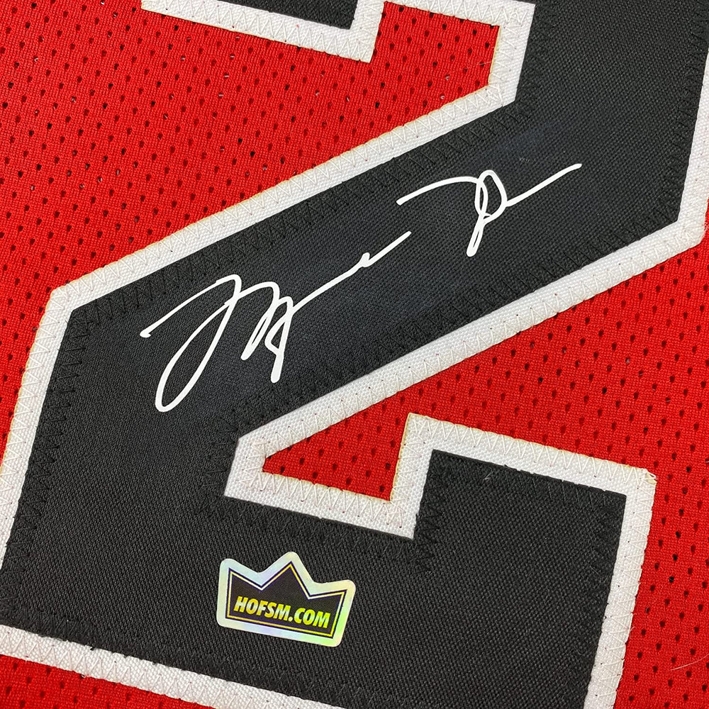 Framed Facsimile Autographed Michael Jordan 35x39 Chicago Red Reprint Laser Auto Basketball Jersey (ONLINE ORDER ONLY)
