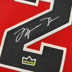 Framed Facsimile Autographed Michael Jordan 35x39 Chicago Red Reprint Laser Auto Basketball Jersey (ONLINE ORDER ONLY)