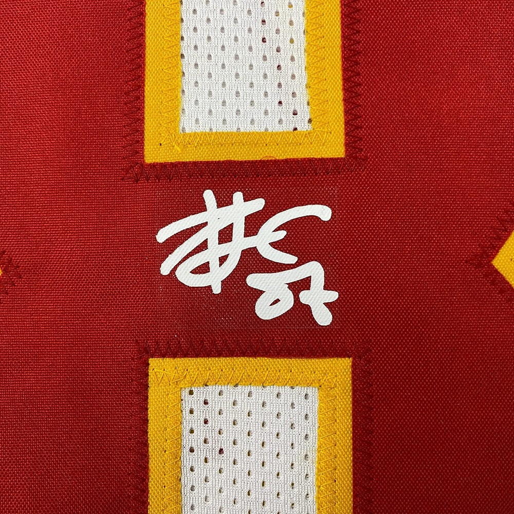 Framed Facsimile Autographed Travis Kelce 35x39 Kansas City White Reprint Laser Auto Football Jersey Size Men's XL (ONLINE ORDER ONLY)