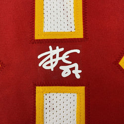Framed Facsimile Autographed Travis Kelce 35x39 Kansas City White Reprint Laser Auto Football Jersey Size Men's XL (ONLINE ORDER ONLY)