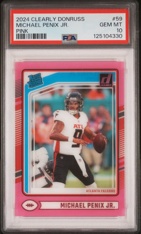 Graded 2024 Panini Clearly Donruss Michael Penix Jr #59 Pink Rookie RC Football Card PSA 10 Gem Mint (ONLINE ORDER ONLY)