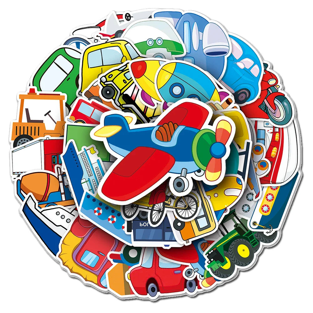 Cartoon Vehicle Stickers Set: Car, Ship, Airplane Decals for Kids - DIY Laptop, Notebook, Suitcase (ONLINE ORDER ONLY)