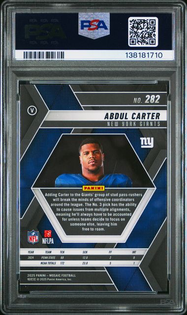 Graded 2025 Panini Mosaic Abdul Carter #282 Variation Rookie RC Football Card PSA 10 Gem Mint (ONLINE ORDER ONLY)