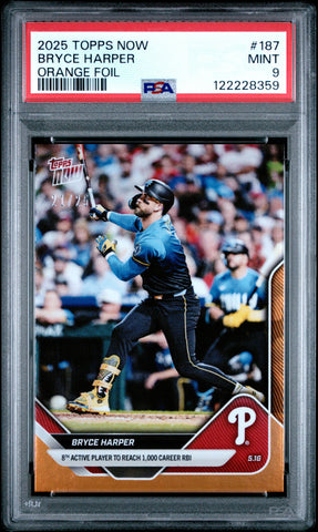Graded 2025 Topps Now Bryce Harper #187 Orange Foil /25 Baseball Card PSA 9 Mint (ONLINE ORDER ONLY)