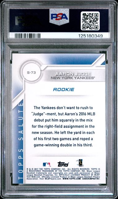 Graded 2017 Topps Salute Aaron Judge #S73 Rookie RC Baseball Card PSA 10 Gem Mint (ONLINE ORDER ONLY)