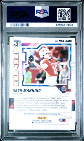 Graded 2025 Panini Score Arch Manning #NEN-AMA Next Era Auto Texas Longhorns Rookie RC Football Card PSA 9 Mint (ONLINE ORDER ONLY)