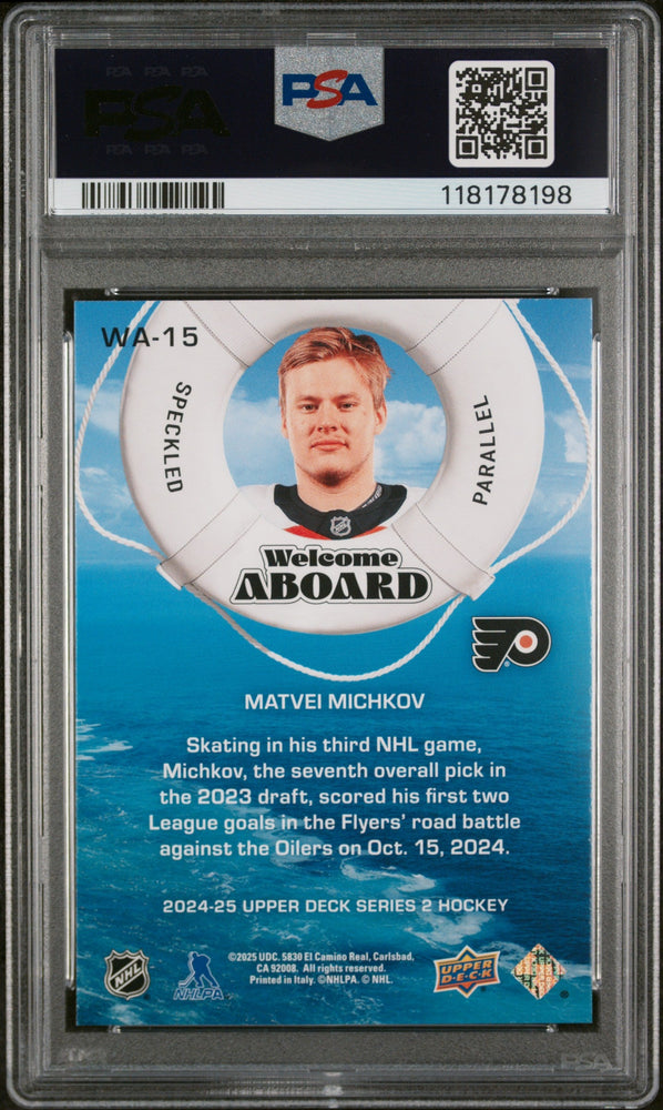 Graded 2024 Upper Deck Matvei Michkov #WA15 Welcome Aboard Speckle Rookie RC Hockey Card PSA 10 Gem Mint (ONLINE ORDER ONLY)