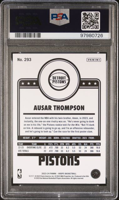 Graded 2023 Hoops Winter Ausar Thompson #293 Rookie RC Basketball Card PSA 10 Gem Mint (ONLINE ORDER ONLY)
